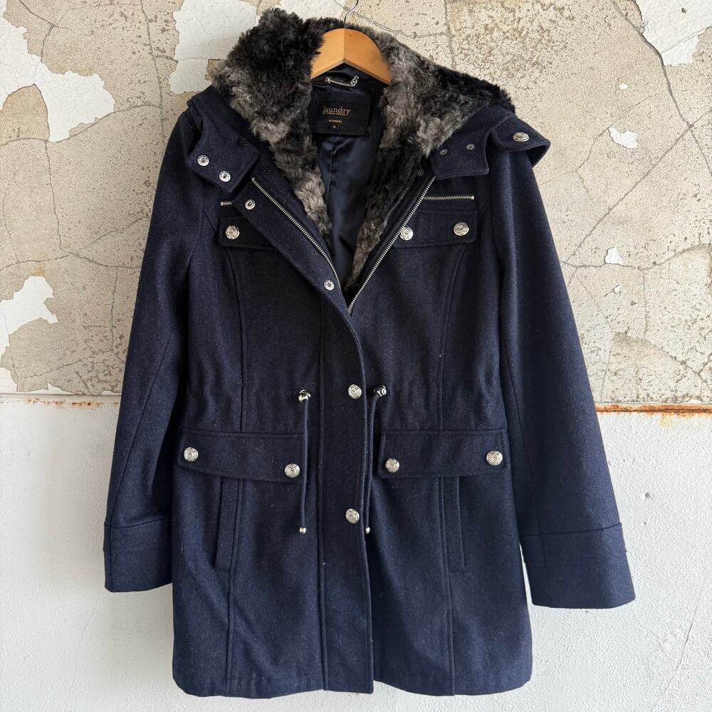 Wool Blend Parka Faux Fur Hood Navy Winter Coat Laundry by Shelli Segal Women 10